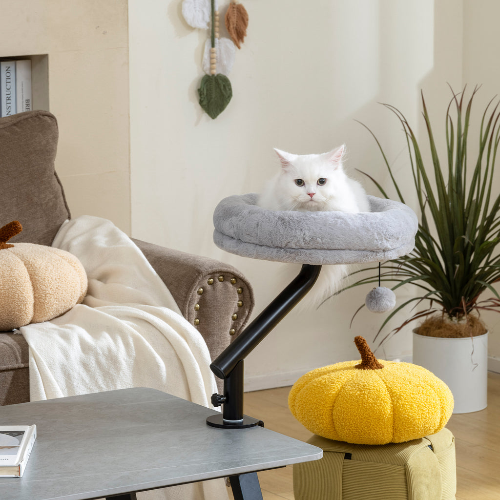 Lit de Bureau pour Chat Rotation de 360° et Hauteur Réglable, Lit pour Chat Lavable avec Balle Jouet,  35x35x48cm, Gris